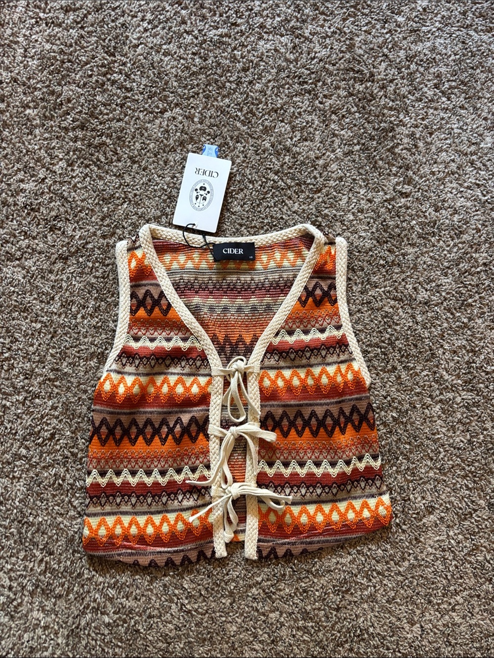 Cider Geometric Knit Tie-Front Vest in Orange, Brown and Cream